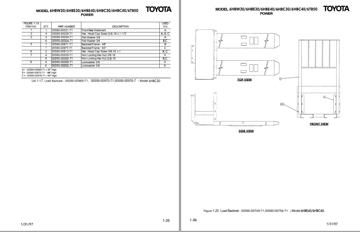 Toyota Forklift 6HBW30 to 6TB50 Parts Manual