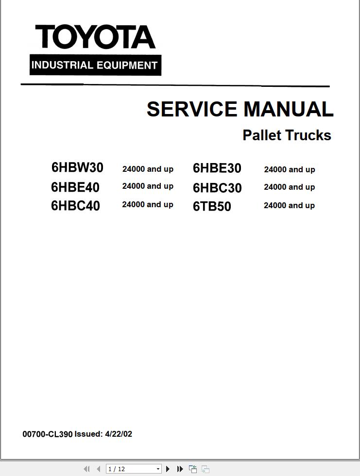 Toyota Forklift 6HBW30 to 6TB50 Service Manual 00700 CL390