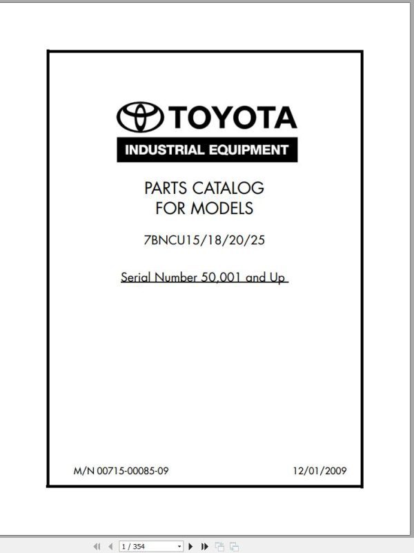Toyota Forklift 7BNCU15 7BNCU18 7BNCU20 7BNCU25 Service Manual Parts Catalog