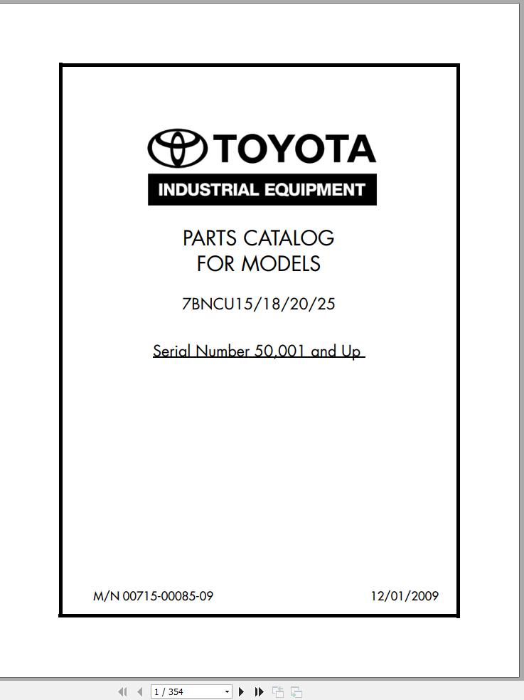 Toyota Forklift 7BNCU15 7BNCU18 7BNCU20 7BNCU25 Service Manual Parts Catalog