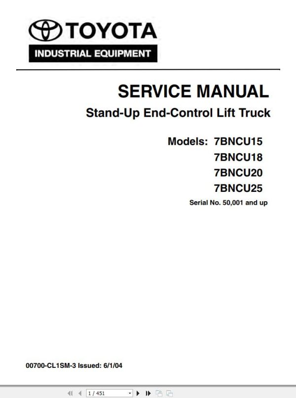 Toyota Forklift 7BNCU15 to 7BNCU25 Service Manual