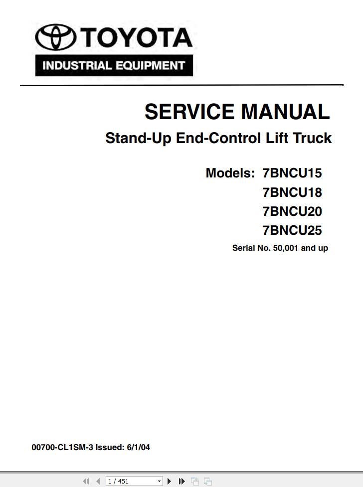 Toyota Forklift 7BNCU15 to 7BNCU25 Service Manual