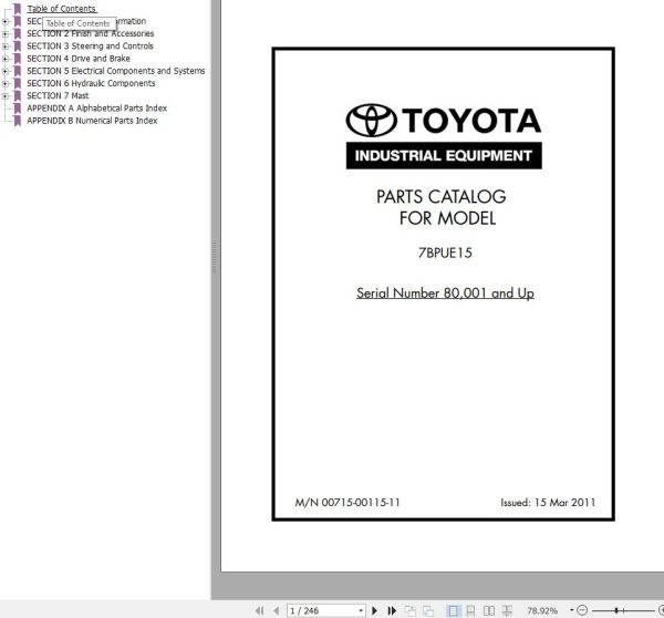 Toyota Forklift 7BPUE15 Parts Catalog