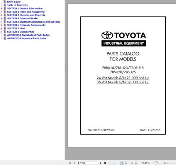 Toyota Forklift 7BRU18 7BRU23 7BDRU15 7BSU20 7BSU25 Parts Catalog
