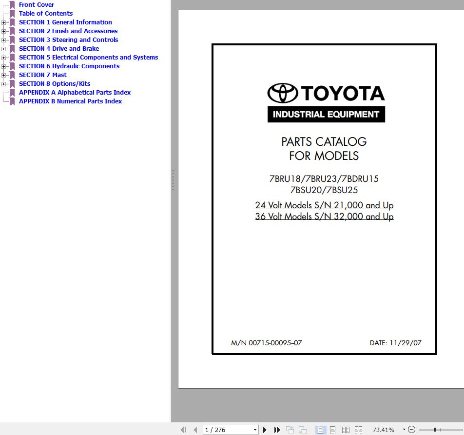 Toyota Forklift 7BRU18 7BRU23 7BDRU15 7BSU20 7BSU25 Parts Catalog