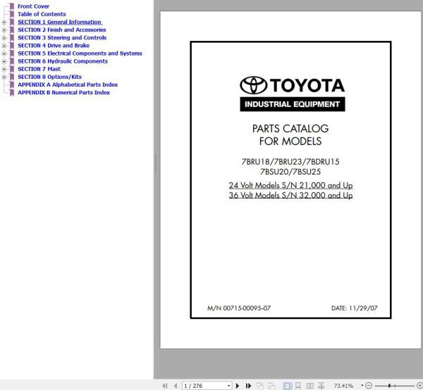 Toyota Forklift 7BRU18 to 7BSU25 Parts Catalog