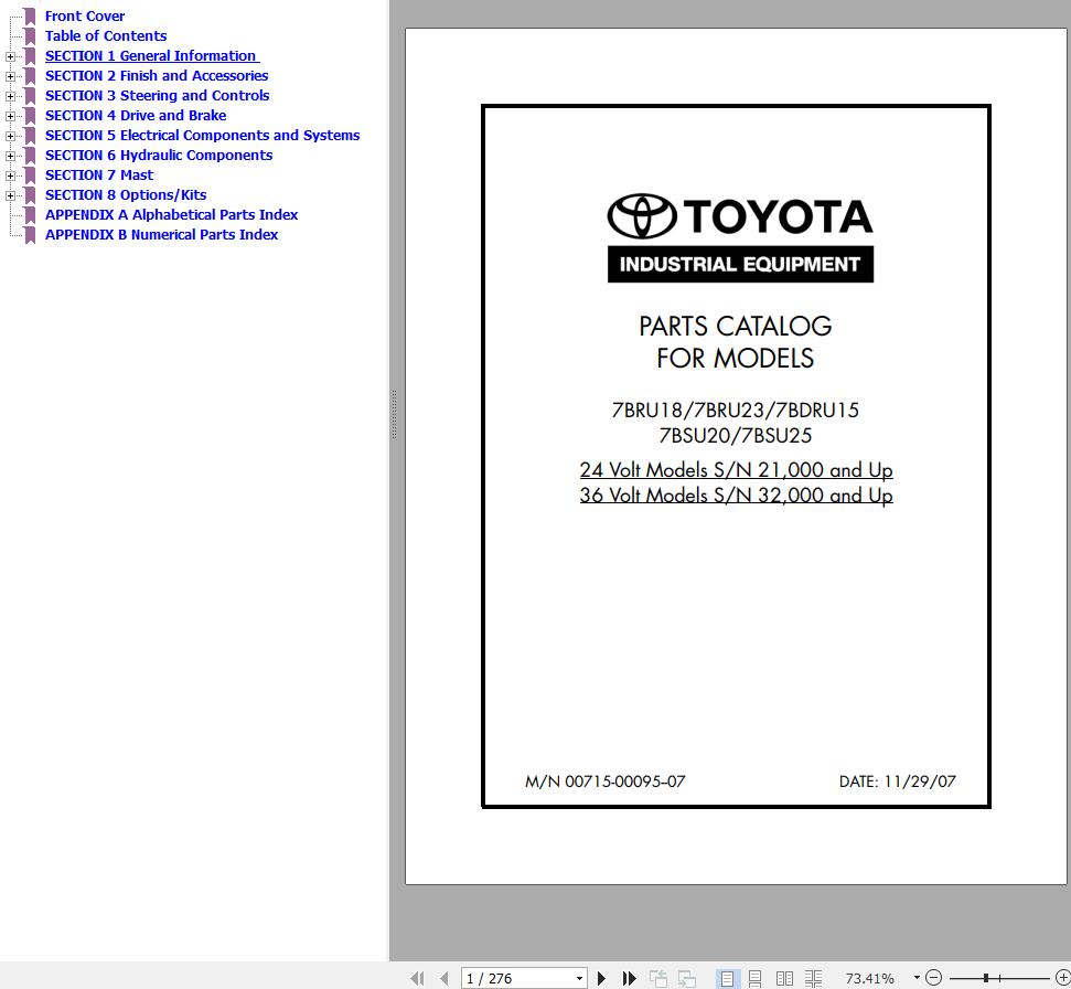 Toyota Forklift 7BRU18 to 7BSU25 Parts Catalog