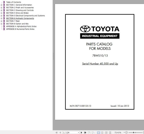 Toyota Forklift 7BWS10 7BWS13 Parts Catalog