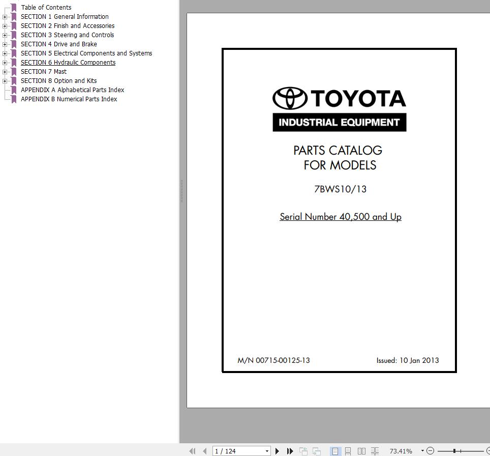 Toyota Forklift 7BWS10 7BWS13 Parts Catalog