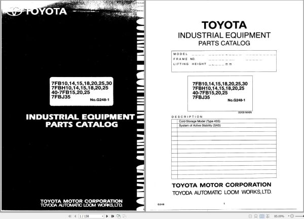 Toyota Forklift 7FB10 to 7FB30 7FBJ35 Repair Manual Parts Catalog