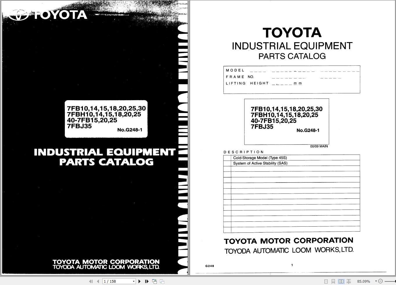 Toyota Forklift 7FB10 to 7FB30 7FBJ35 Repair Manual Parts Catalog