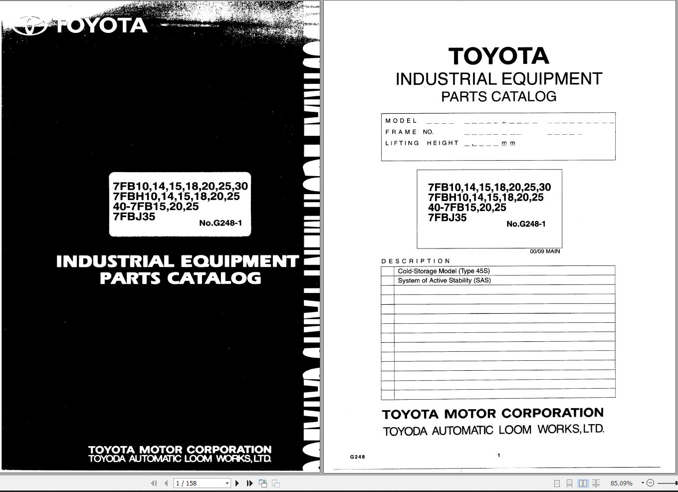 Toyota Forklift 7FB10 to 7FBJ35 Repair Manual Parts Catalog