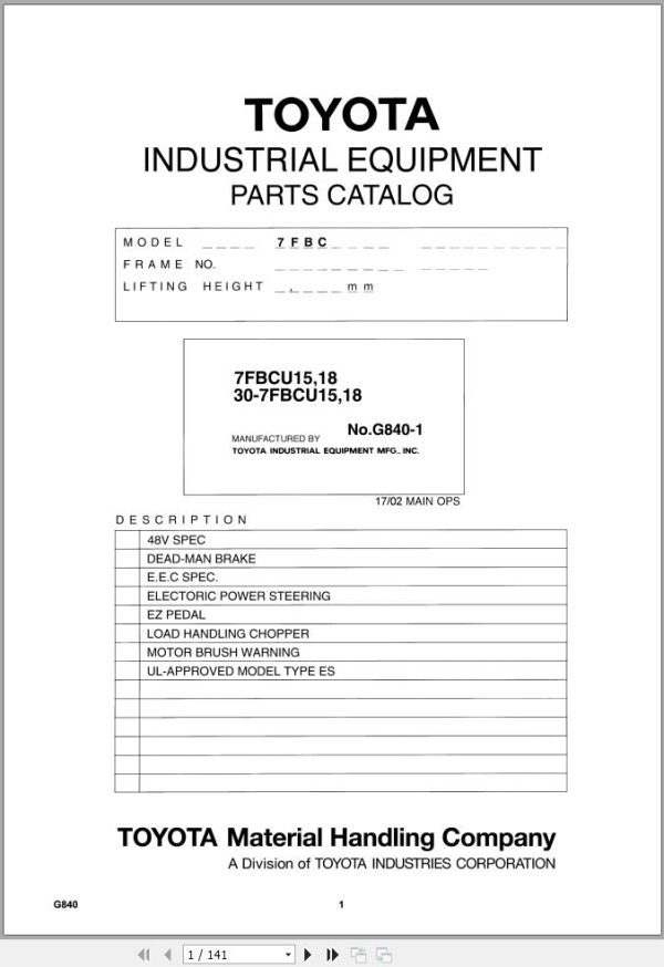 Toyota Forklift 7FBCU15 7FBCU18 30 7FBCU15 30 7FBCU18 Parts Catalog EN DE FR ES
