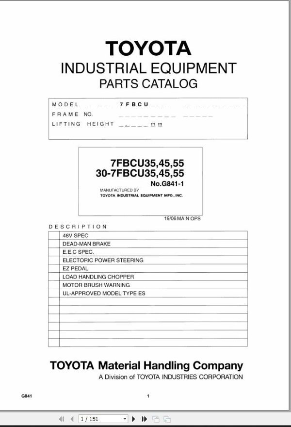 Toyota Forklift 7FBCU35 to 30 7FBCU55 Parts Catalog EN DE FR ES