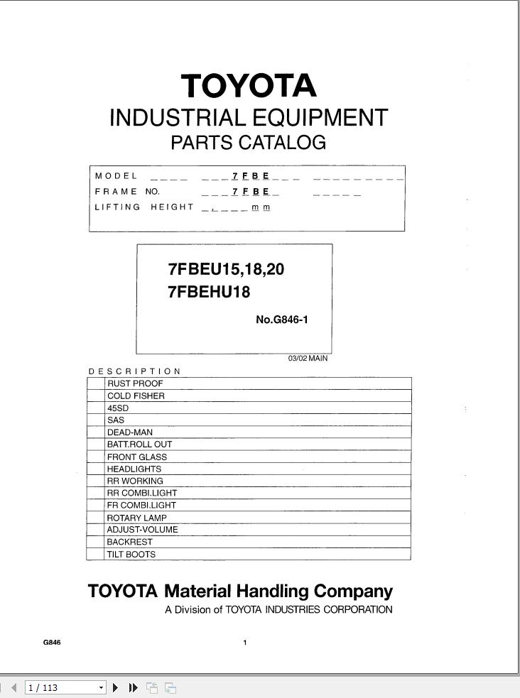 Toyota Forklift 7FBEU15 7FBEU18 7FBEU20 7FBEHU18 Parts Catalog