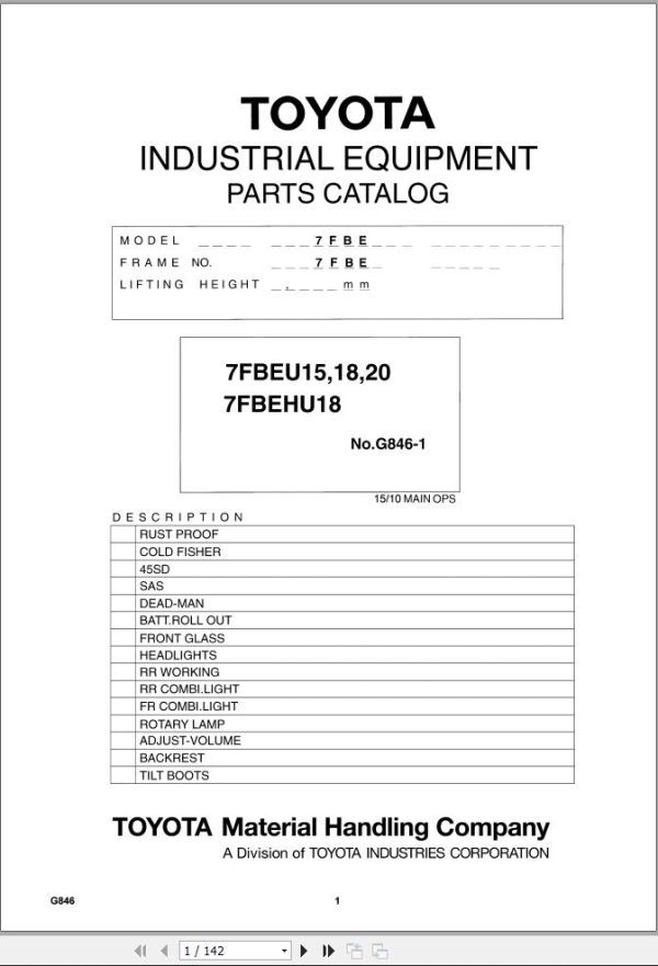 Toyota Forklift 7FBEU15 to 7FBEU20 7FBEHU18 Parts Catalog EN DE FR ES