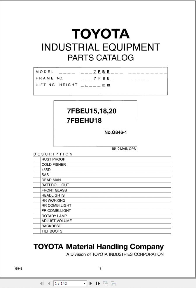 Toyota Forklift 7FBEU15 to 7FBEU20 7FBEHU18 Parts Catalog EN DE FR ES