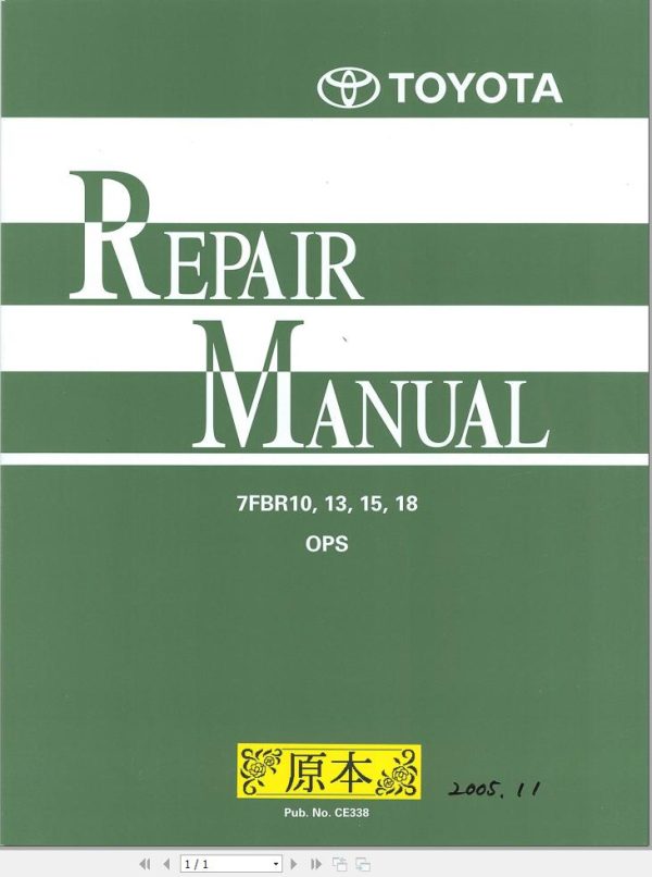Toyota Forklift 7FBR10 7FBR13 7FBR15 7FBR18 Repair Manual