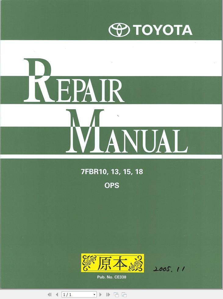 Toyota Forklift 7FBR10 7FBR13 7FBR15 7FBR18 Repair Manual