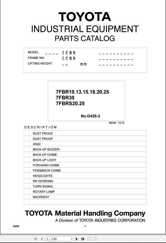 Toyota Forklift 7FBR10 to 7FBRS25 Parts Catalog EN DE FR ES