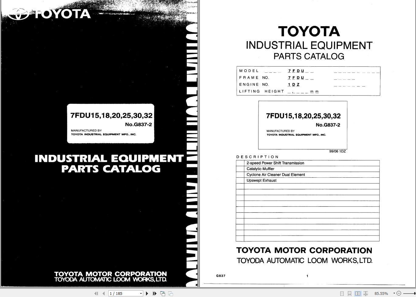Toyota Forklift 7FDU15 to 7FDU32 Parts Catalog EN FR DE ES
