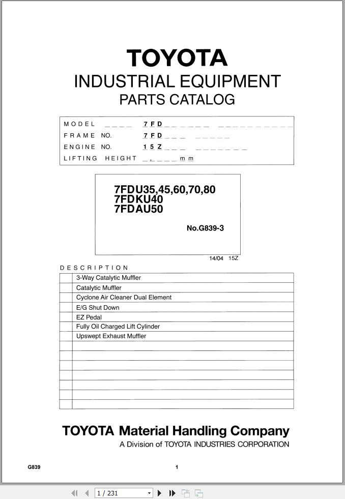 Toyota Forklift 7FDU35 to 7FDAU50 Parts Catalog EN DE FR ES