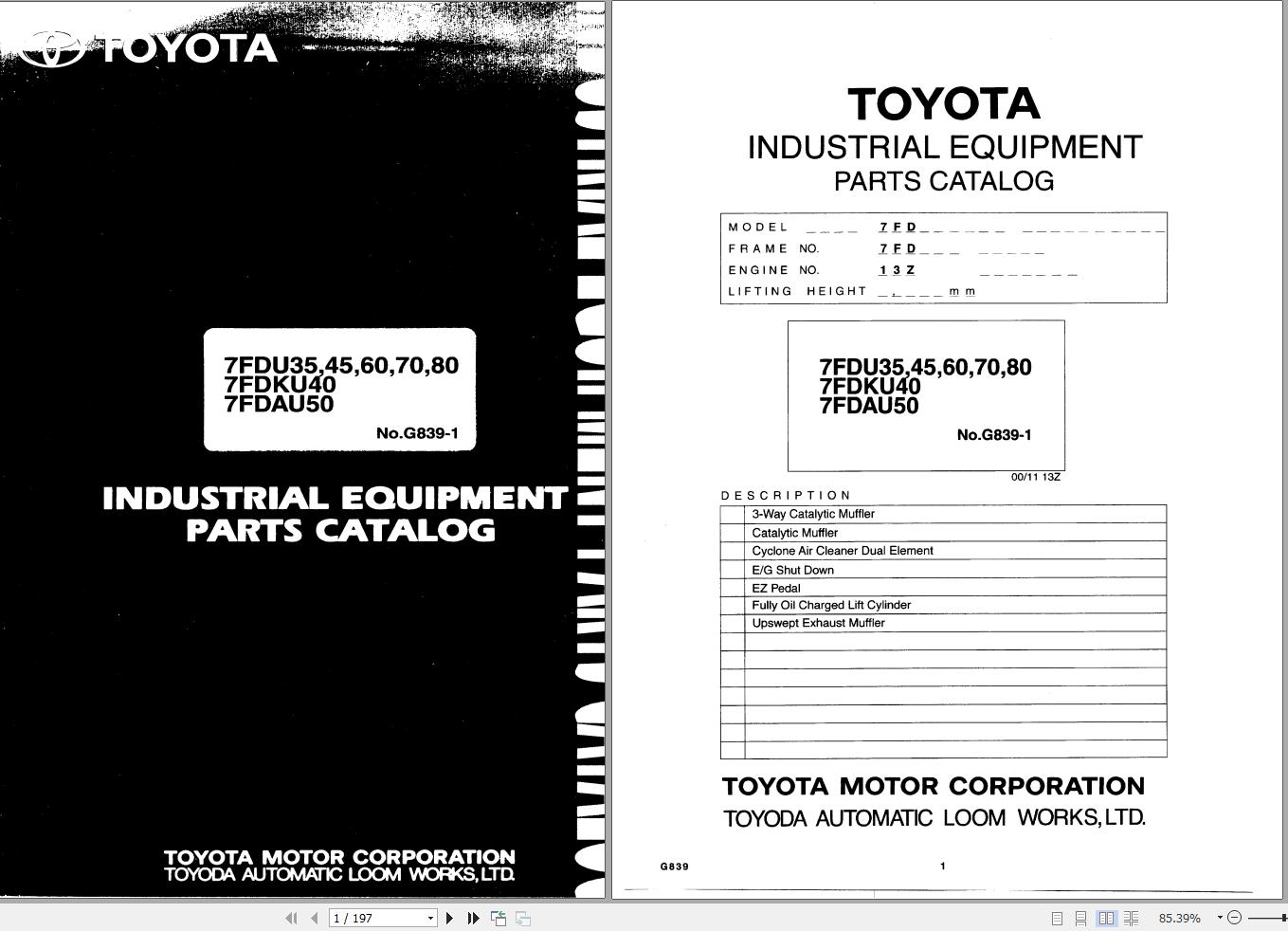 Toyota Forklift 7FDU35 to 7FDU80 7FDAU50 7FDKU40 Parts Catalog