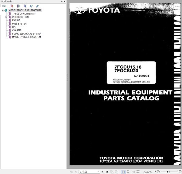 Toyota Forklift 7FGCU15 7FGCU18 7FGCSU20 Parts Catalog EN DE FR ES