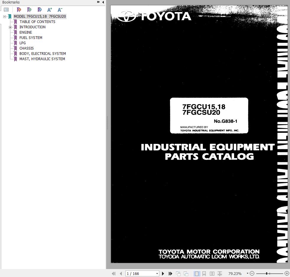 Toyota Forklift 7FGCU15 7FGCU18 7FGCSU20 Parts Catalog EN DE FR ES