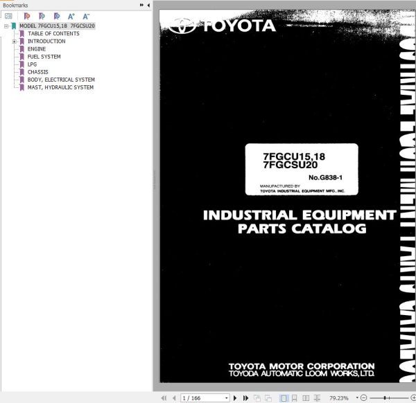 Toyota Forklift 7FGCU15 to 7FGCU18 7FGCSU20 Repair Manual Parts Catalog