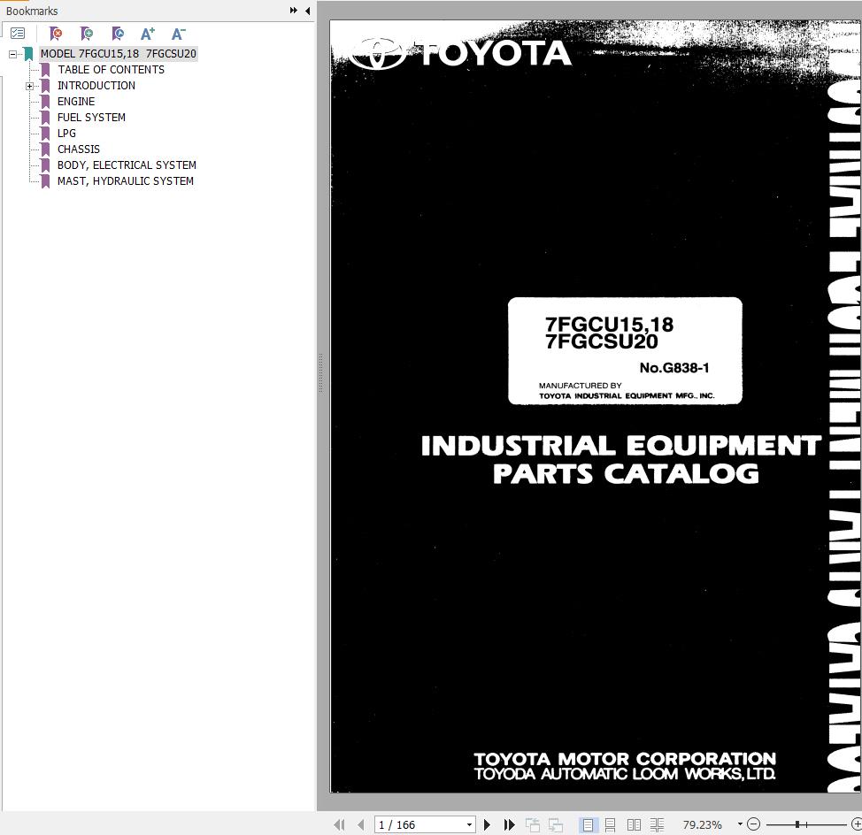 Toyota Forklift 7FGCU15 to 7FGCU18 7FGCSU20 Repair Manual Parts Catalog