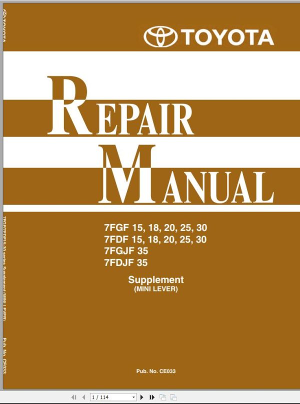 Toyota Forklift 7FGF15 to 7FDJF35 Repair Manual