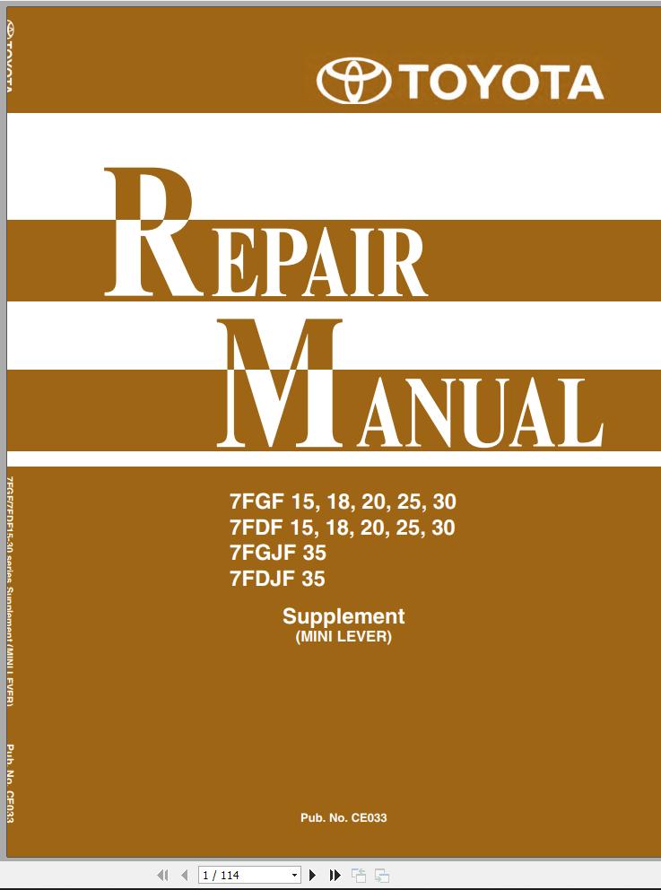 Toyota Forklift 7FGF15 to 7FDJF35 Repair Manual