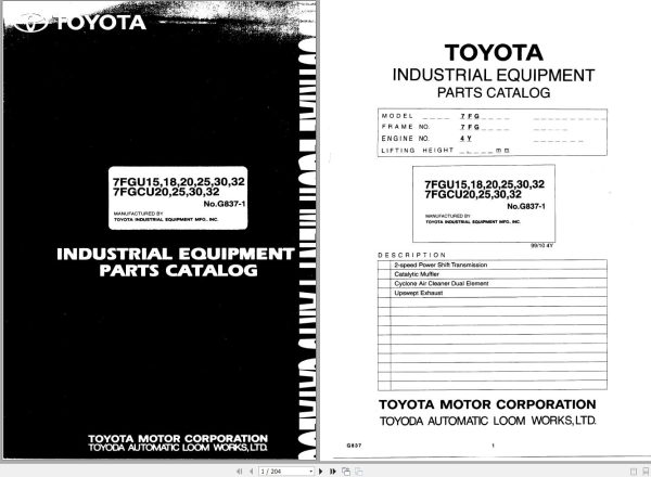 Toyota Forklift 7FGU15 to 7FGCU32 Parts Catalog EN DE FR ES