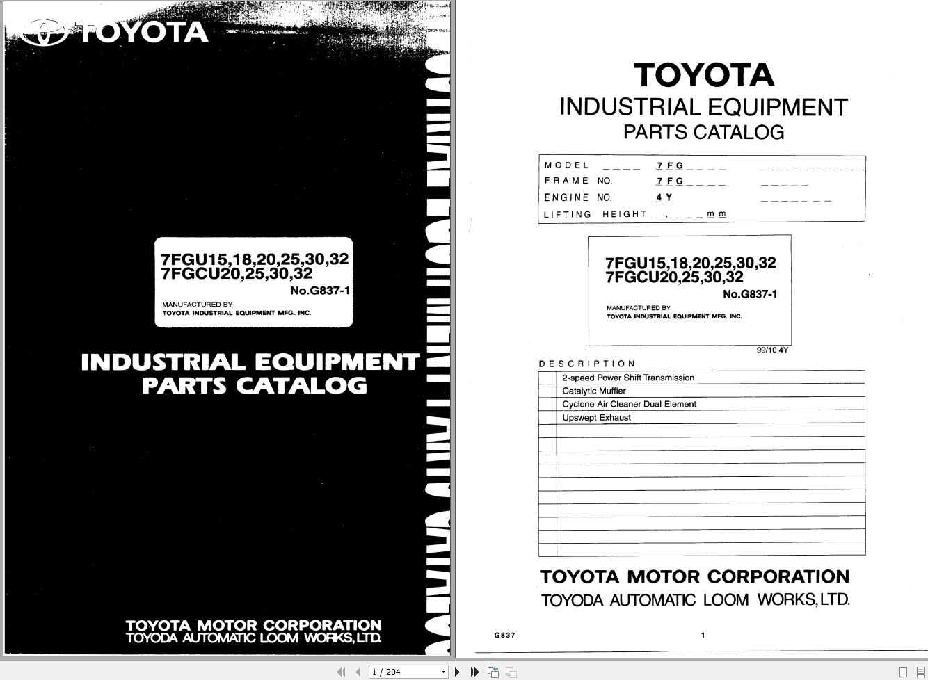 Toyota Forklift 7FGU15 to 7FGCU32 Parts Catalog EN DE FR ES