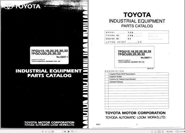Toyota Forklift 7FGU15 to 7FGU32 7FGCU20 to 7FGCU32 Parts Catalog