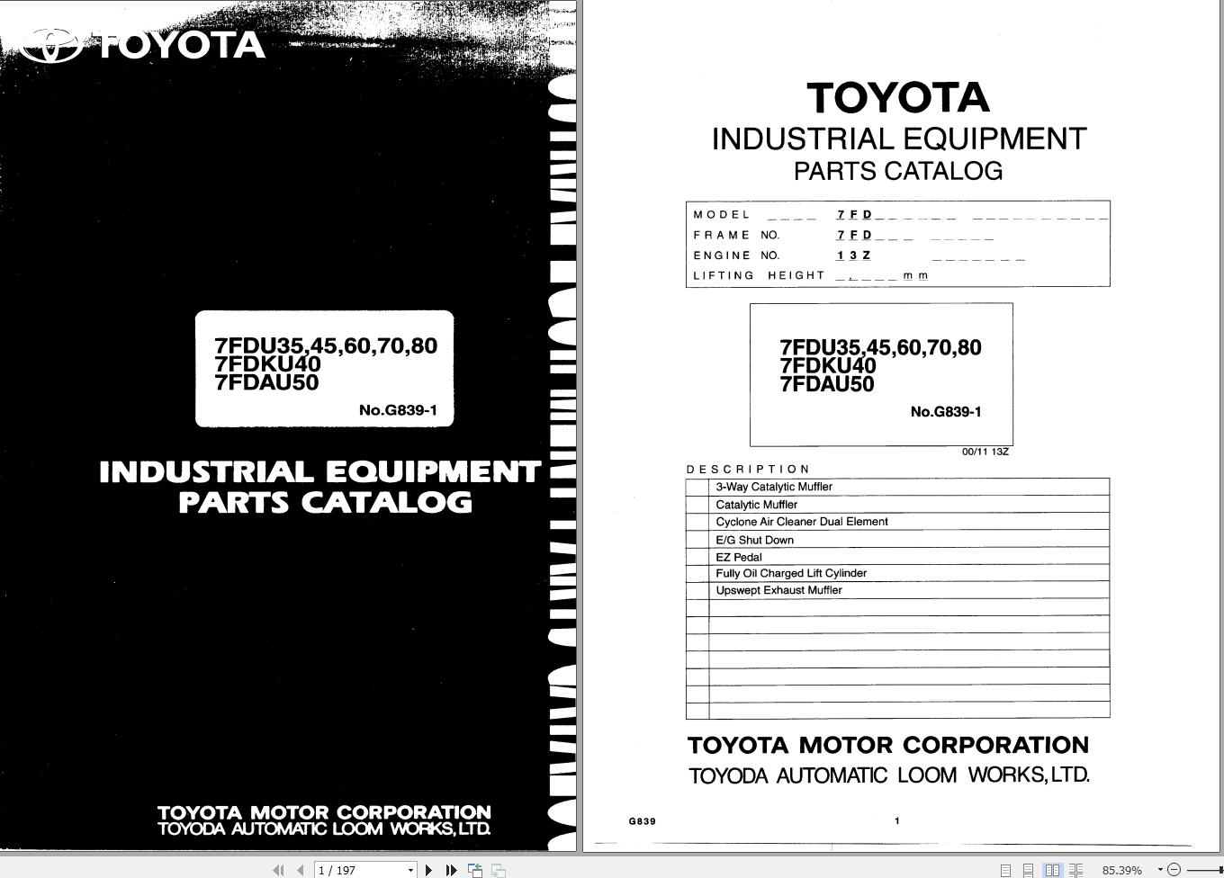 Toyota Forklift 7FGU35 to 7FDU80 7FGCU35 to 7FGCU70 Repair Manual Parts Manual