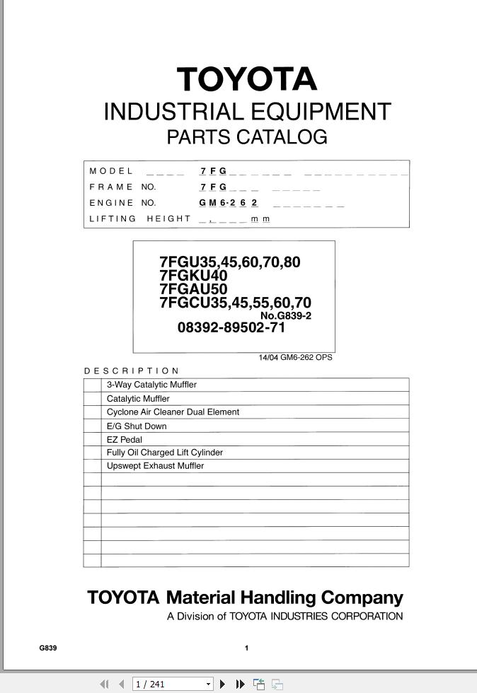 Toyota Forklift 7FGU35 to 7FGCU70 Parts Catalog EN DE FR ES