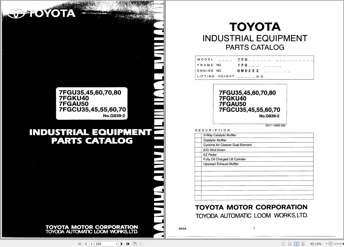 Toyota Forklift 7FGU35 to 7FGCU70 Parts Catalog