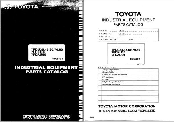Toyota Forklift 7FGU35 to 7FGCU70 Repair Manual Parts Catalog