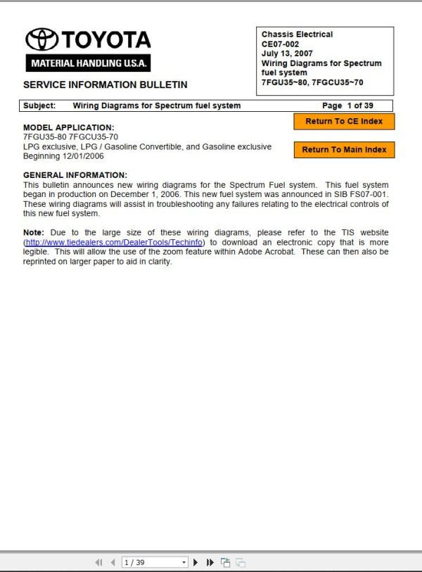 Toyota Forklift 7FGU35 to 7FGU80 7FGCU35 to 7FGCU70 Wiring Diagram