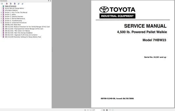 Toyota Forklift 7HBW23 Service Manual Parts Catalog