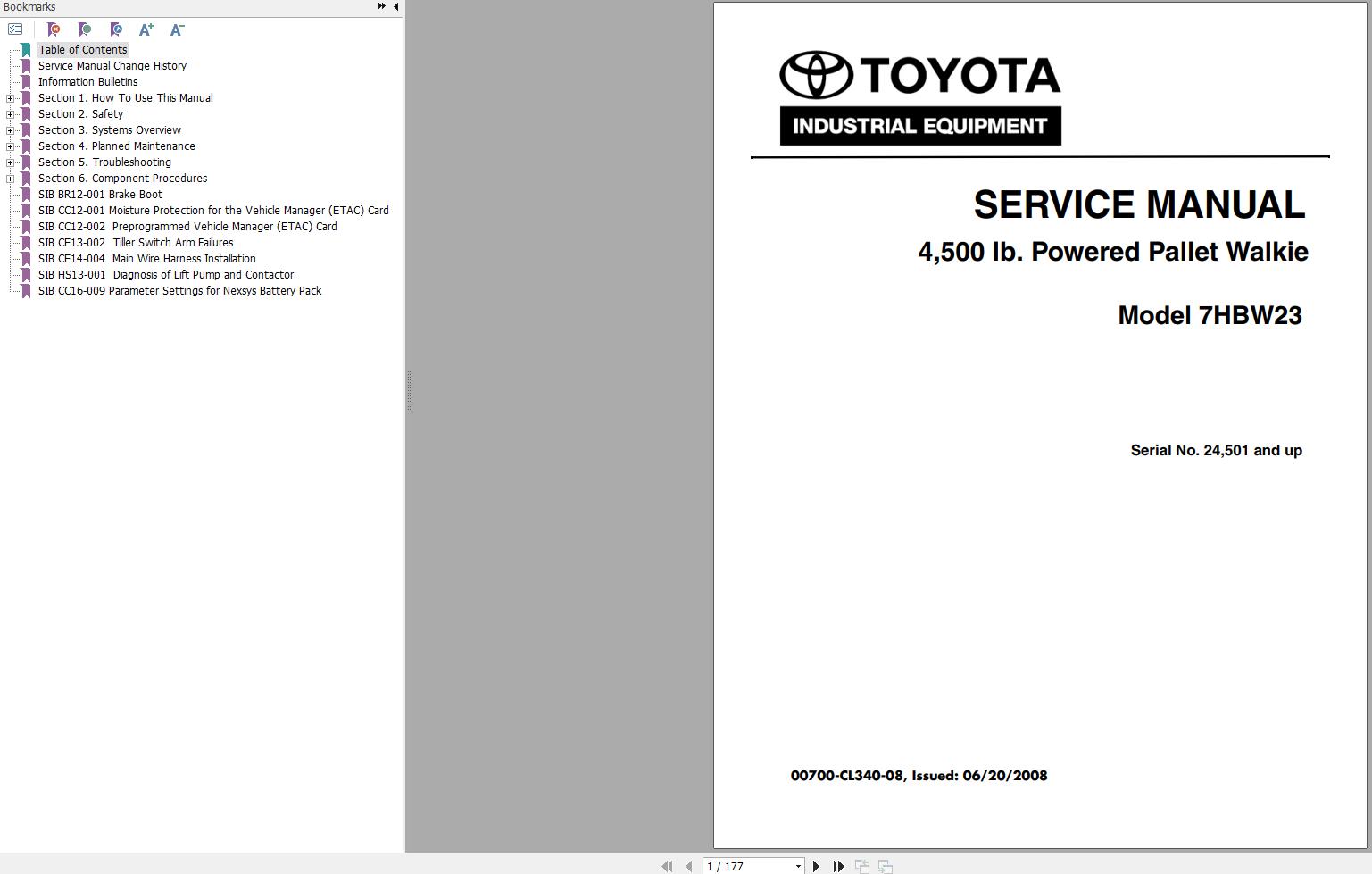 Toyota Forklift 7HBW23 Service Manual Parts Catalog