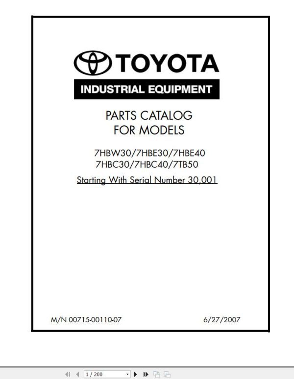 Toyota Forklift 7HBW30 to 7TB50 Parts Catalog