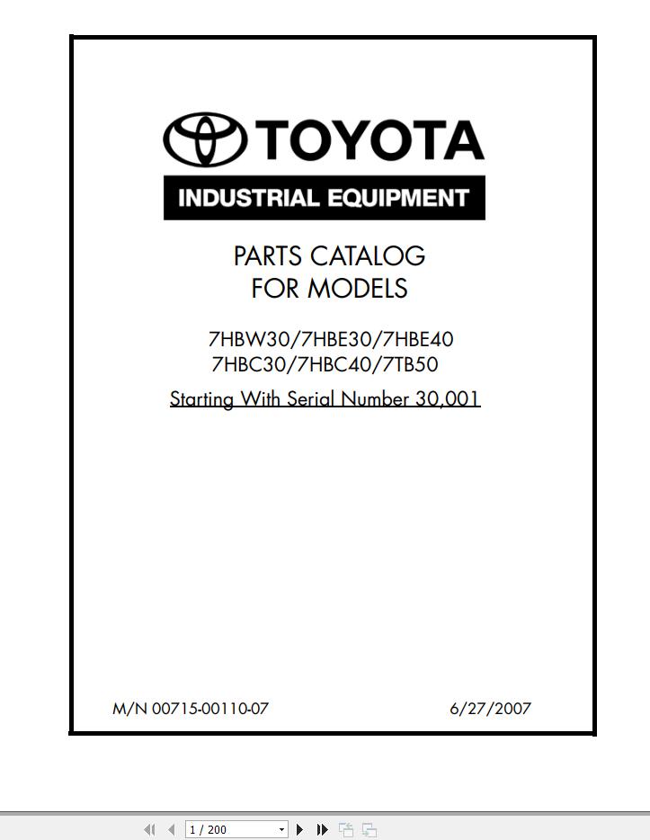 Toyota Forklift 7HBW30 to 7TB50 Parts Catalog