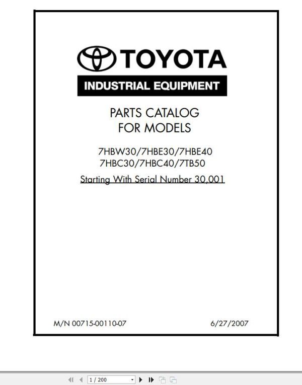 Toyota Forklift 7HWB30 to 7TB50 Parts Catalog