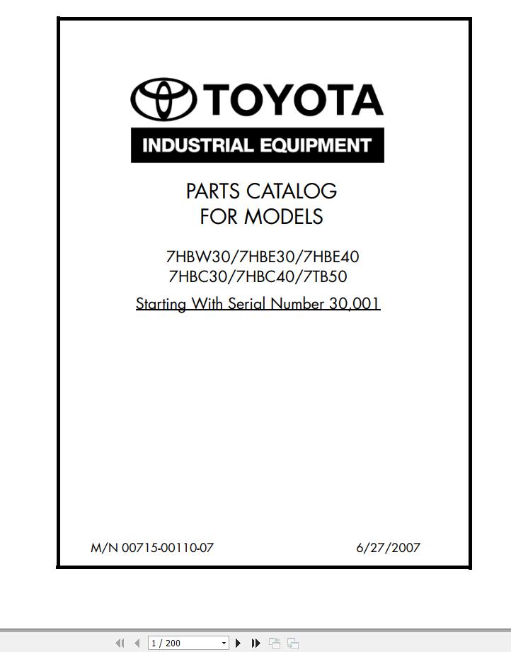 Toyota Forklift 7HWB30 to 7TB50 Parts Catalog