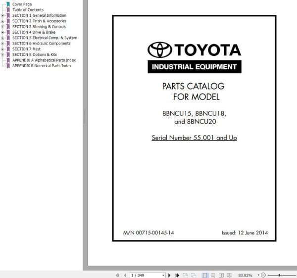 Toyota Forklift 8BNCU15 8BNCU18 8BNCU20 Parts Catalog