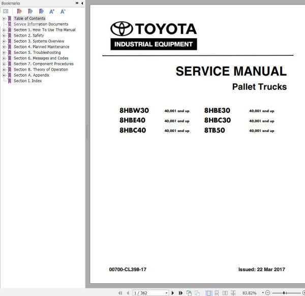 Toyota Forklift 8BNCU15 8BNCU18 8BNCU20 Service Manual
