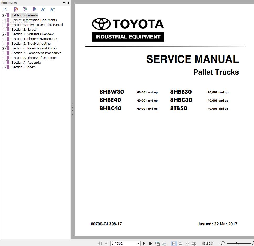 Toyota Forklift 8BNCU15 8BNCU18 8BNCU20 Service Manual